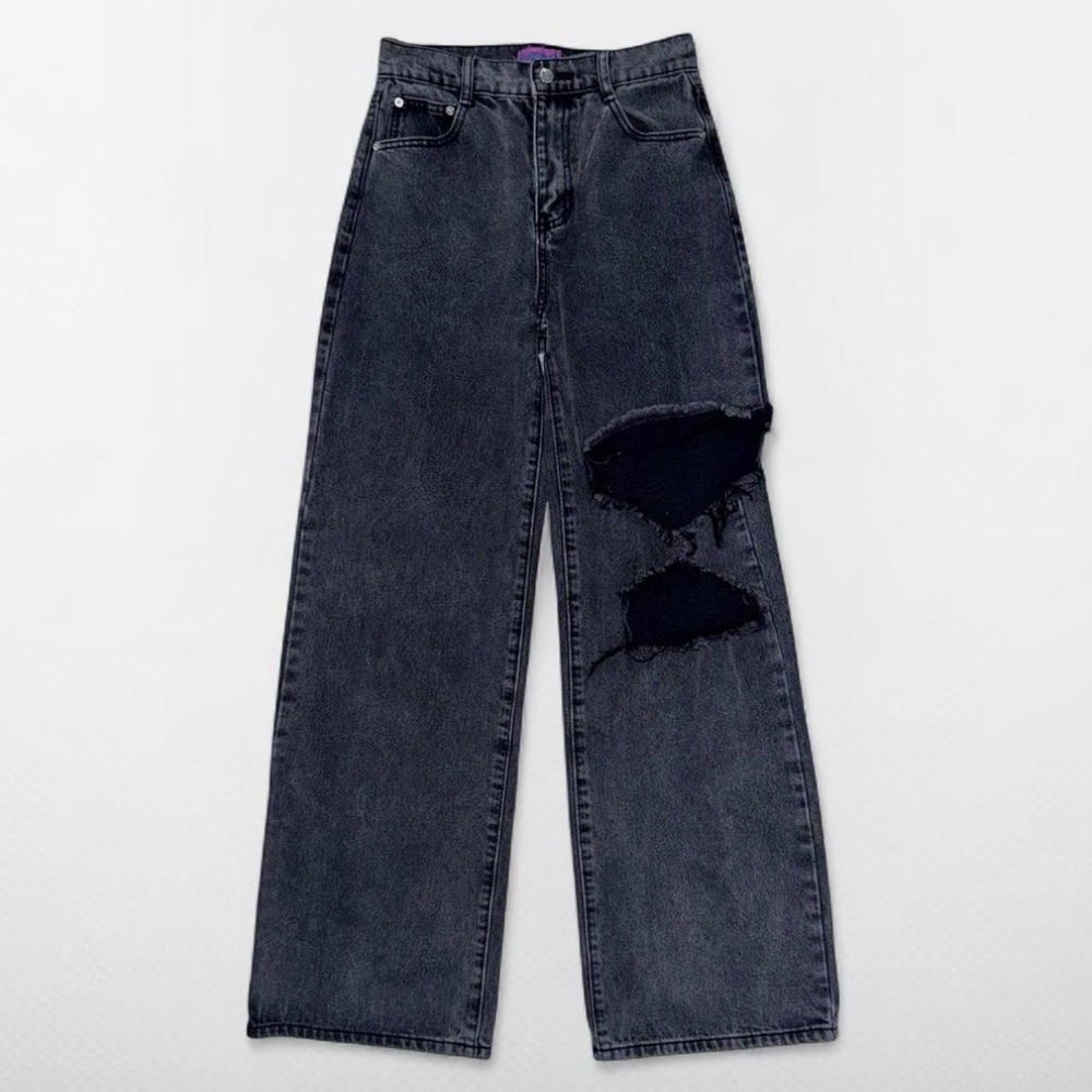 Women’s Edikted US S Black Denim High Waisted Wide-Leg Ripped Jeans